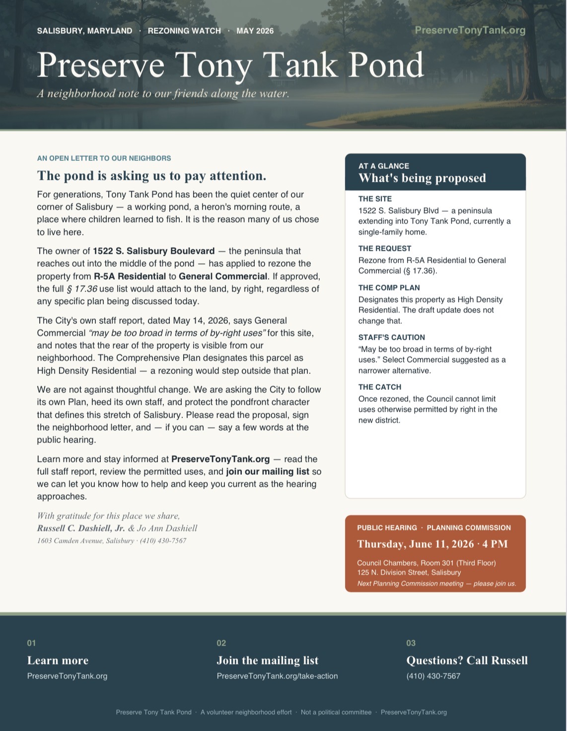 Preview of the Preserve Tony Tank Pond one-page flyer.